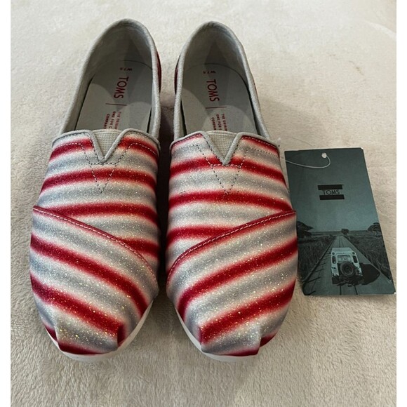 Women's Toms NEW size 7.5 Red/White Holiday Candy Cane Print Glitter Slip On - Picture 3 of 10
